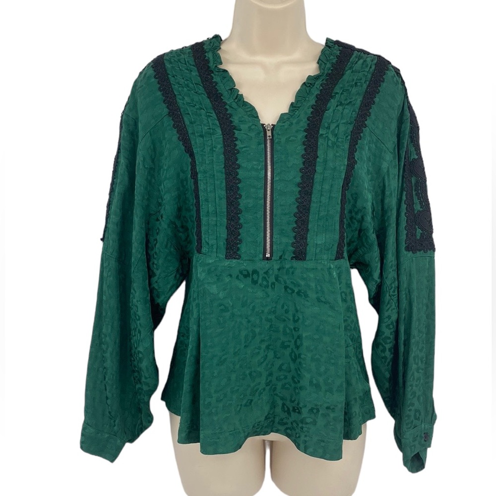 Koche Lace Trim Python Zip Top Blouse Womens Size 32 US XXS Green Black Ruffled‎